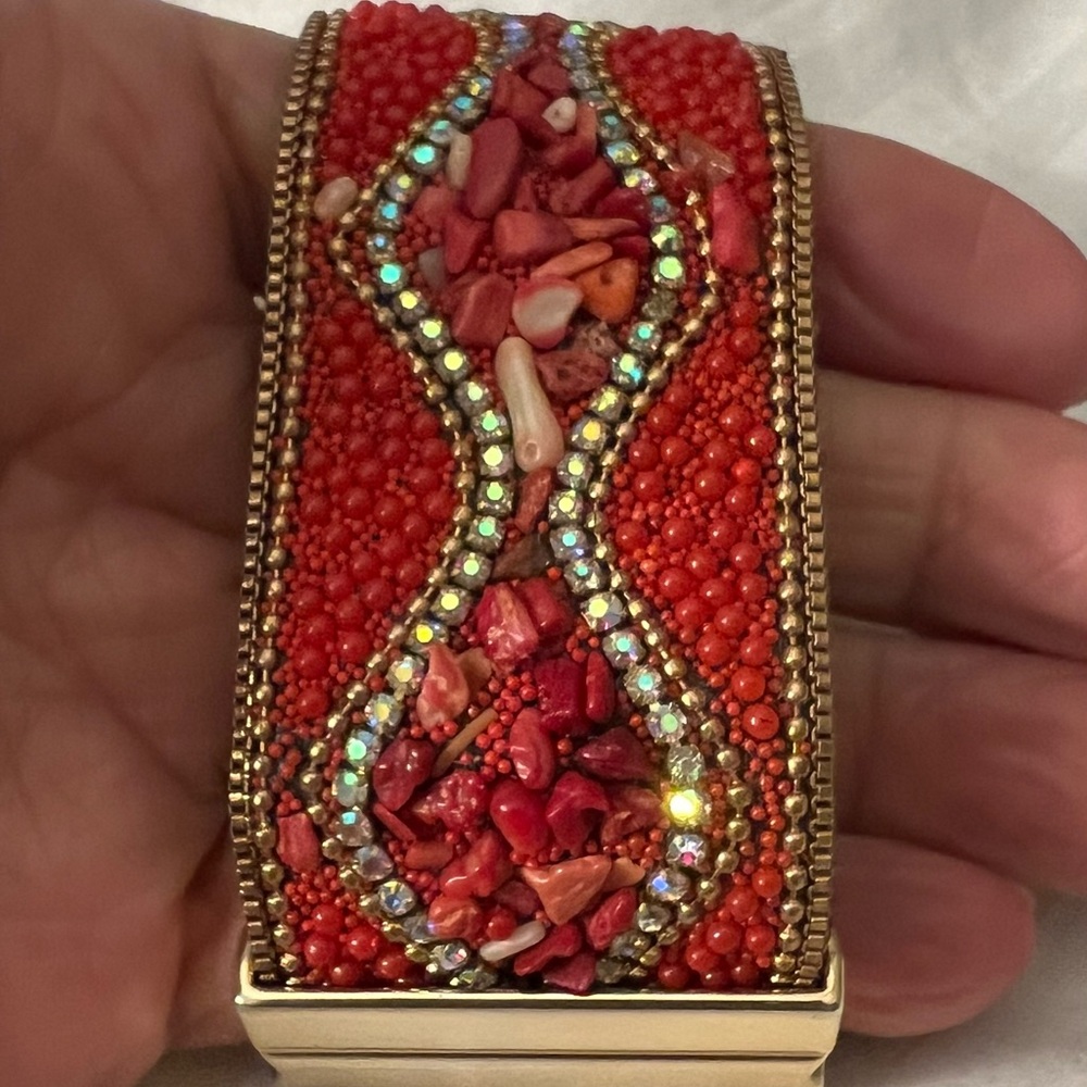 Bead Stone And Crystals Encrusted Magnetic Closure Red Coral Color Bracelet